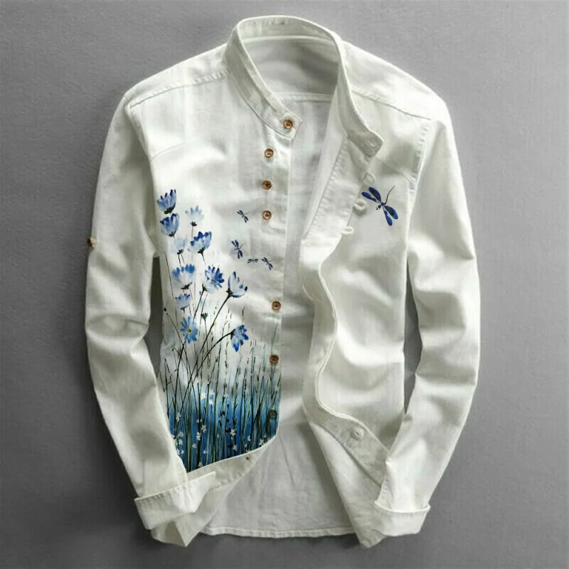 Men's Dragonfly Printed Standing Neck Casual Long Sleeve Shirt