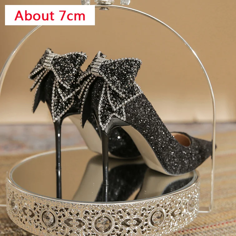 Breakj Bowknot Pumps Women New Silver Bling Sequins Wedding Party Shoes Woman Luxury Bling Upper Dress Heels Party Shoes