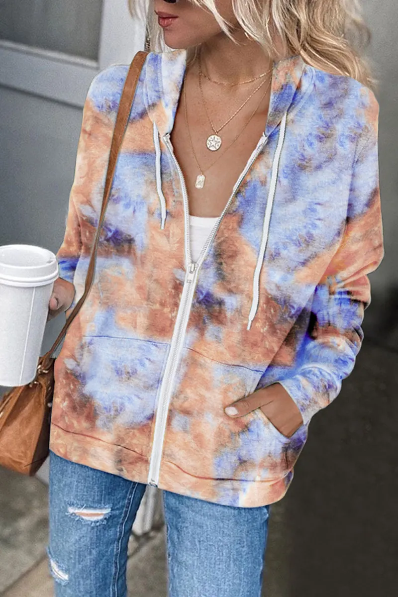 Tie Dye Zipper Long Sleeve Hoodie Coat