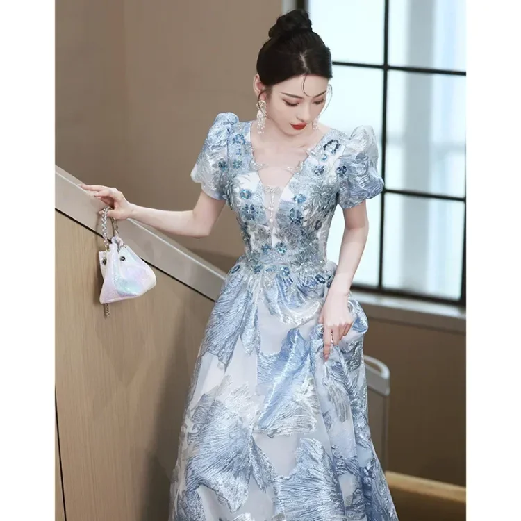 Dubeyi Blue V neck Puff Sleeve Evening Dress 2023 Summer New High End Luxury Grand High Sense Female Dinner Host Party Dresses