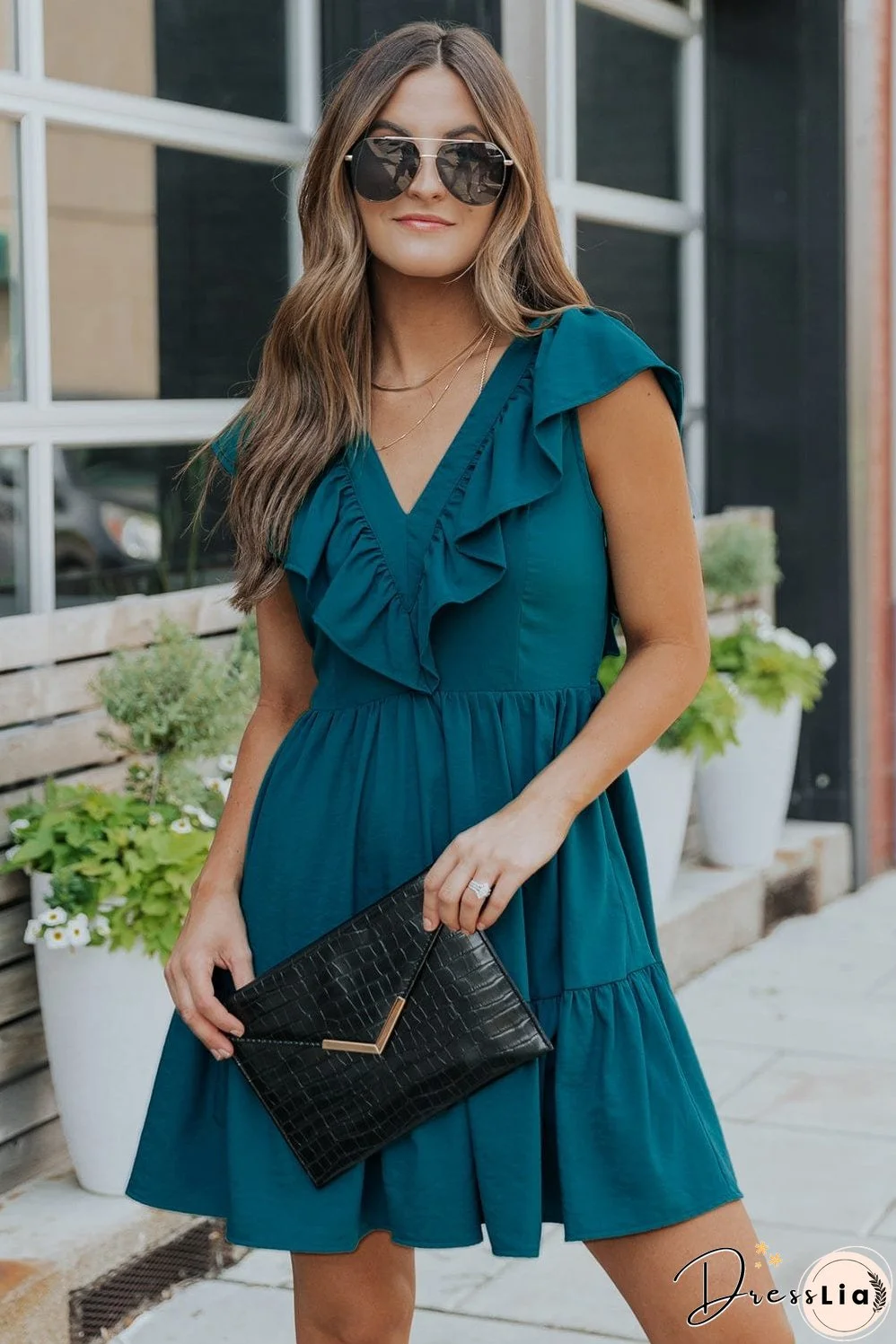 Blue V-Neck Tiered Ruffle Mini Dress with Smocked Back