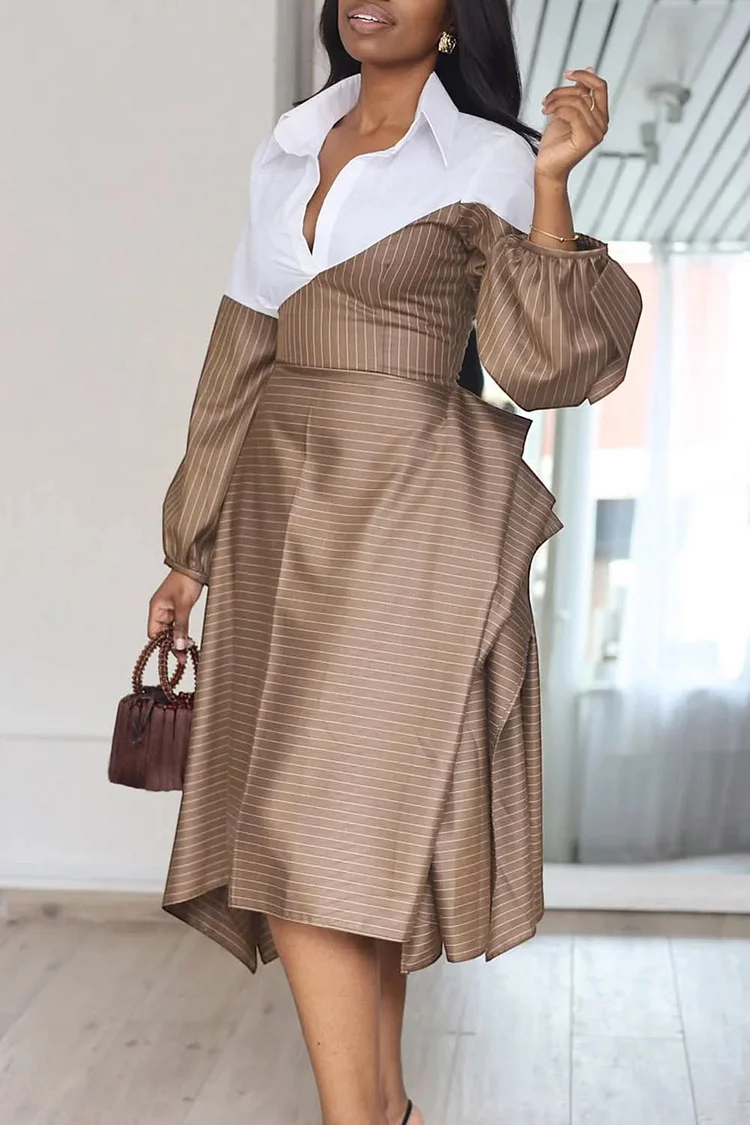 Plus Size Business Casual Brown Striped Shirt Collar Lantern Sleeve Long Sleeve Contrast Elegant Asymmetric Hem Midi Dresses 2024 - Xpluswear
