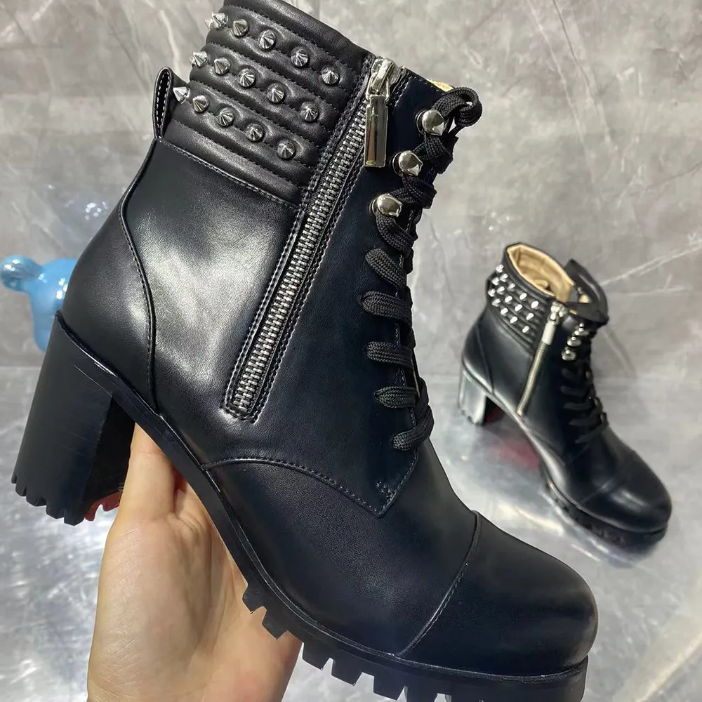 70mm/2.76 inch Women's Zipper Mid-Calf Boots Round Toe Rivet Chunky Heel Red Bottom Boots-vocosishoes
