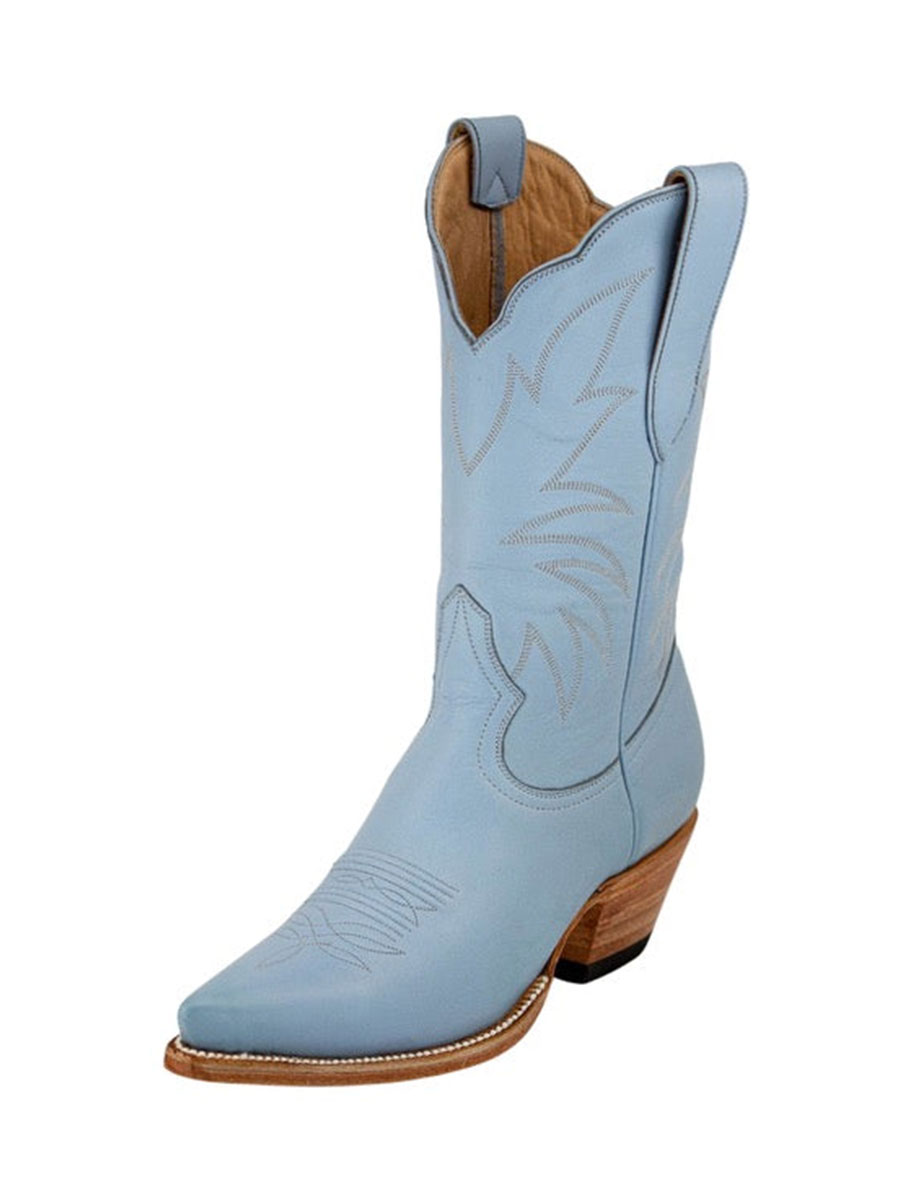Casual Baby Blue Snip Toe Stitching Mid-Calf Heeled Cowgirl Boots