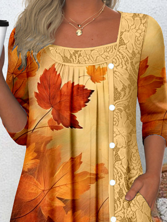 Women's Long Sleeve Scoop Neck Graphic Lace Buttons Top