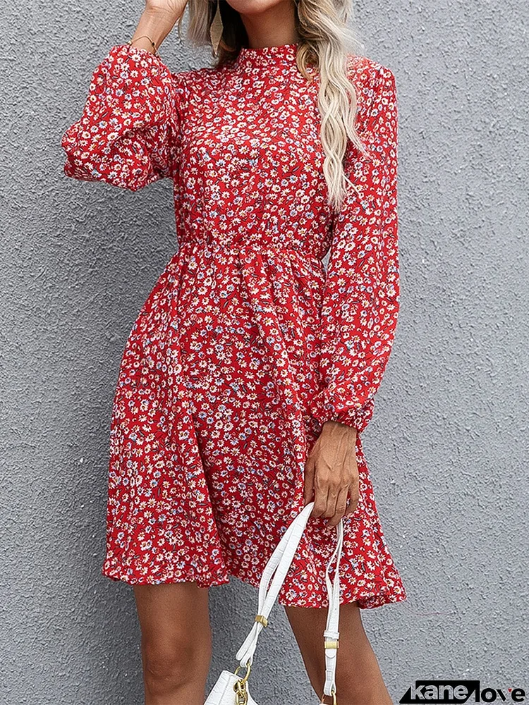 Floral Mock Neck Long Sleeve Dress