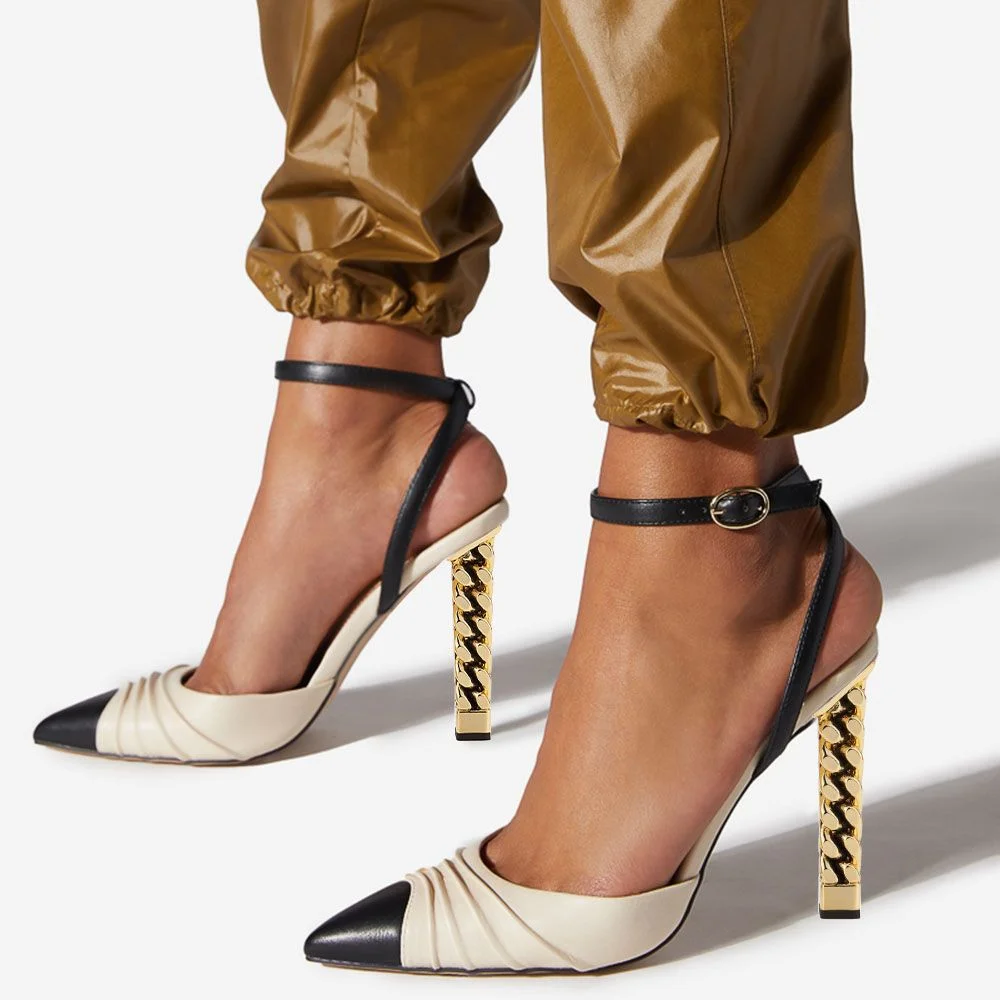 Black and White Splicing Pumps Slingback Ankle Strap Shoes Decorative Heels Nicepairs