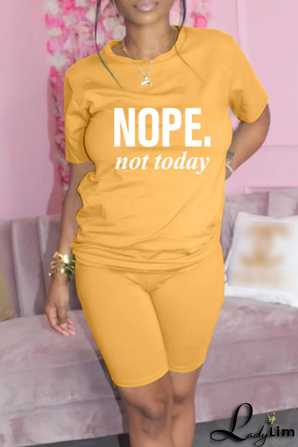 Blue Fashion Casual Letter Print Basic O Neck Short Sleeve Two Pieces