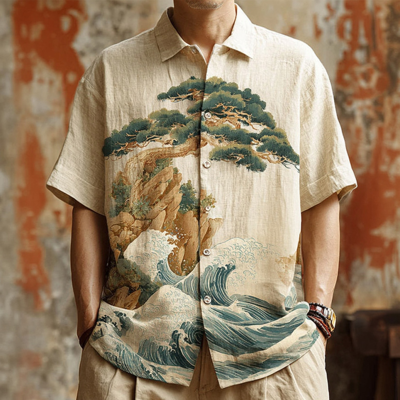 Men's Japanese-style Landscape Pattern Linen Short-sleeved Shirt  artssus