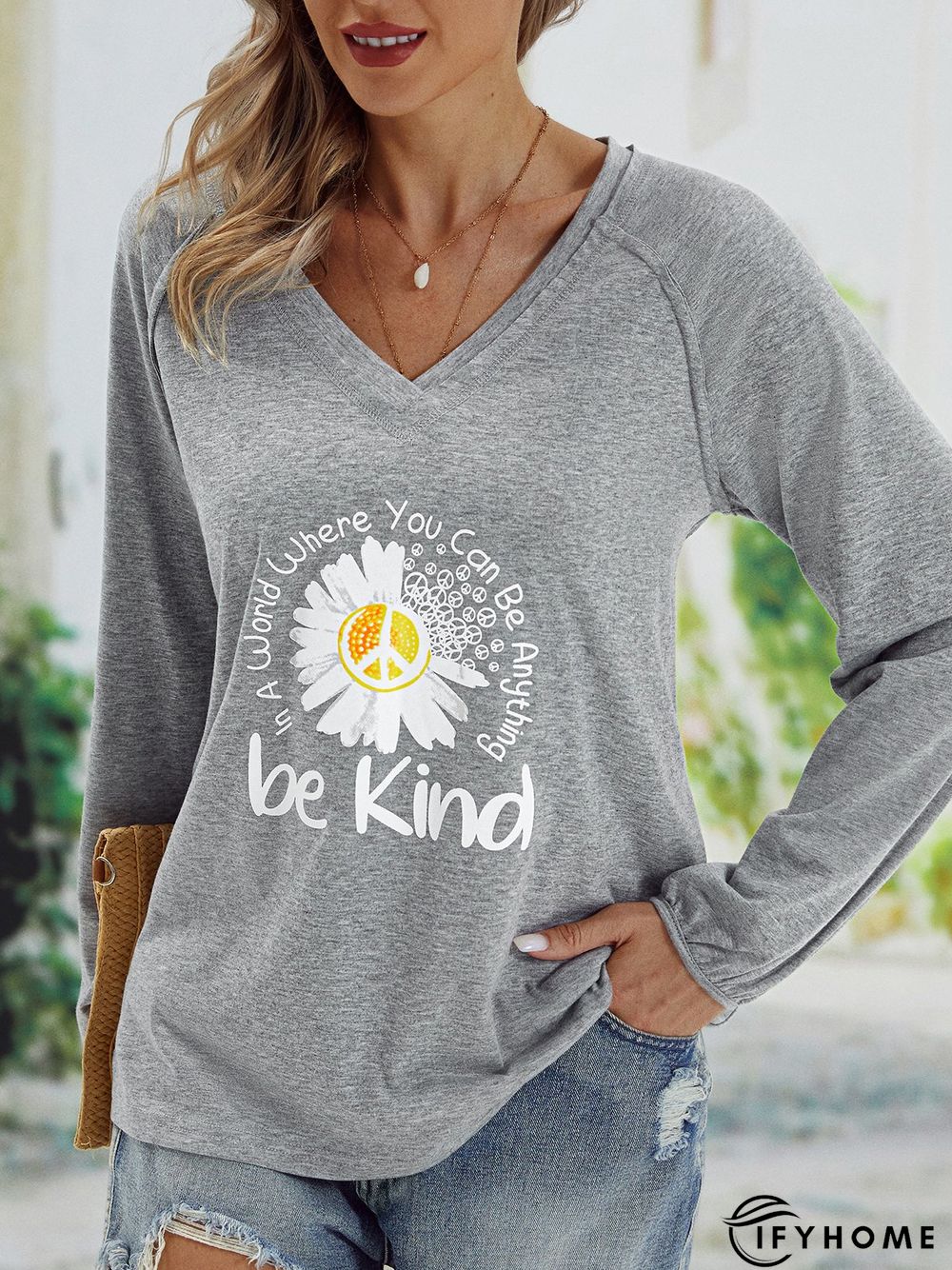 Casual V neck Long Sleeve Printed Tunic T-Shirt | IFYHOME