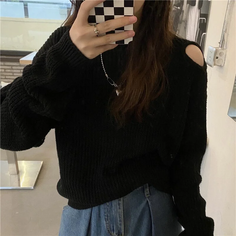 Zoki Pullover Women Sweater Fashion Hollow Out Long Sleeve Knitted Jumper Casual Solid Designed Korean Loose Female Winter Tops