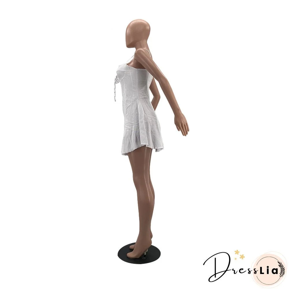 Women Sexy Solid Color Spaghetti Straps Eyelet Lace-Up Slim Fit Clubwear Denim A-Line Mini Dress