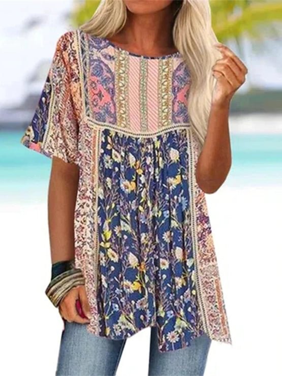 Women's Colorful Scoop Neck Short Sleeve Graphic Floral Printed Top