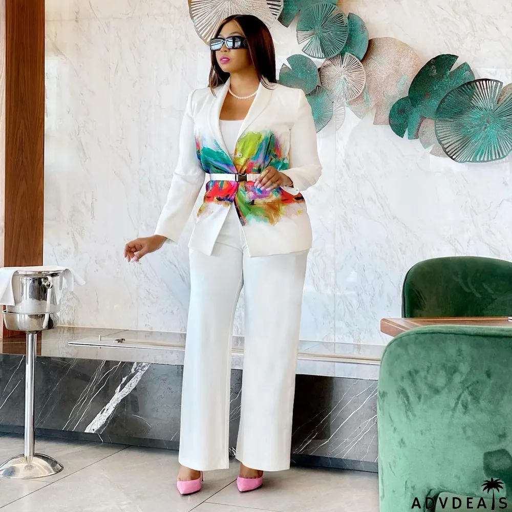 Elegant Printed Blazer Coat Straight Pants 2 Piece Suits (With Belt)