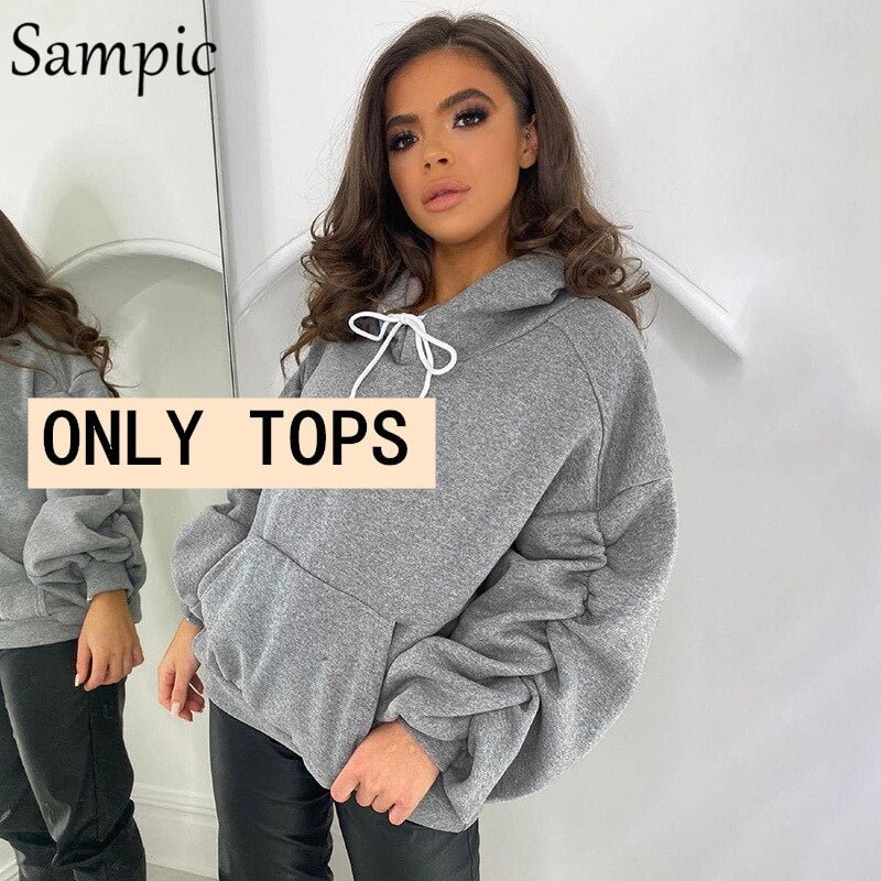 Sampic 2020 Winter Joggers Khaki Pants Set Tracksuit Women Outfits Ruched Long Sleeve Hoodies Tops And Sport Pants Two Piece Set