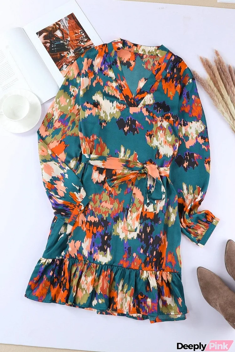 Abstract Print Belted Ruffle Hem Dress