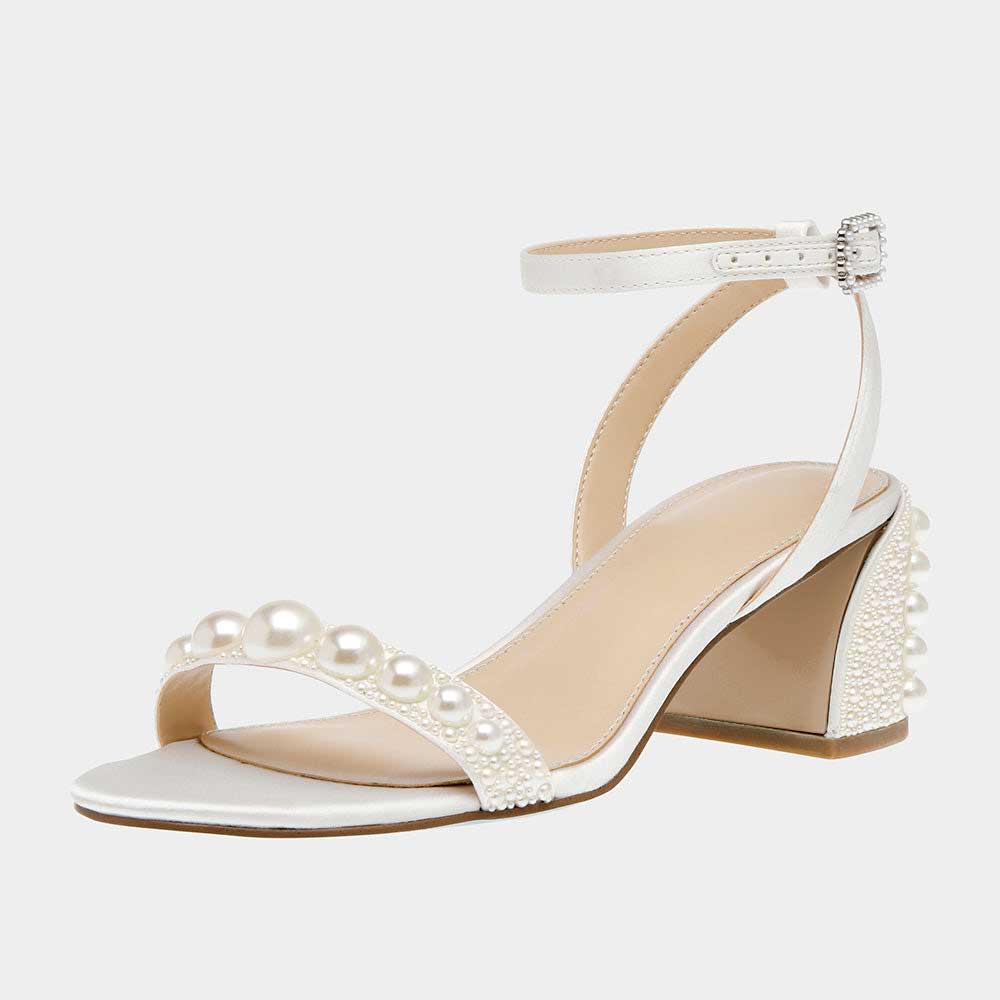 White Satin Pearl Embellished Ankle Strap Elegant Bridal Sandals      Nicepairs