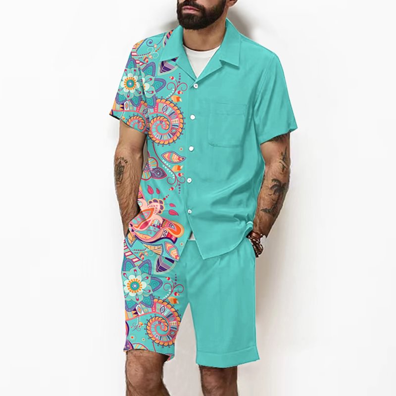Men's Holiday Style Casual Short Sleeve Shirt And Short Co-Ord