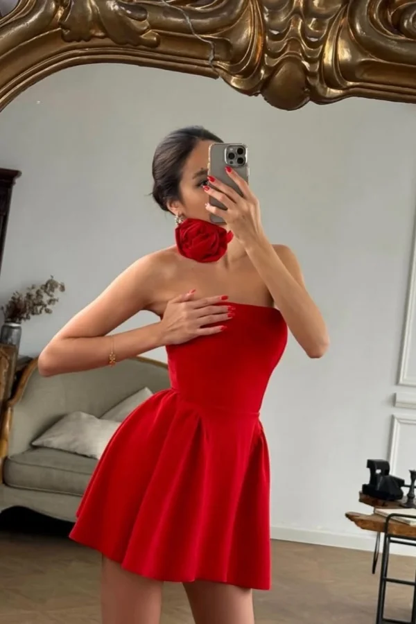 Red Sexy Strapless Short Mini Prom Dress With Flower Scarf ZT0783