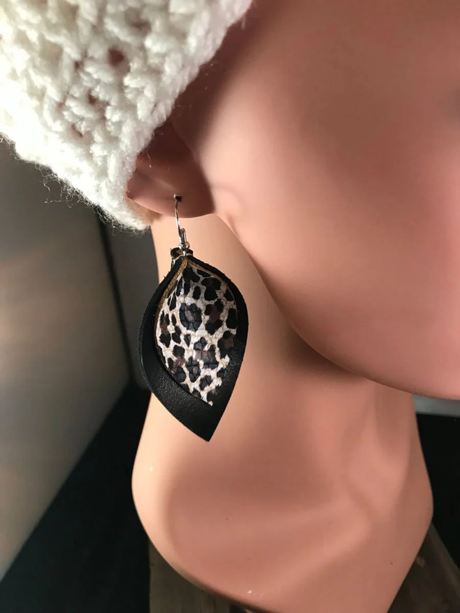 Black and Leopard Leather Earrings