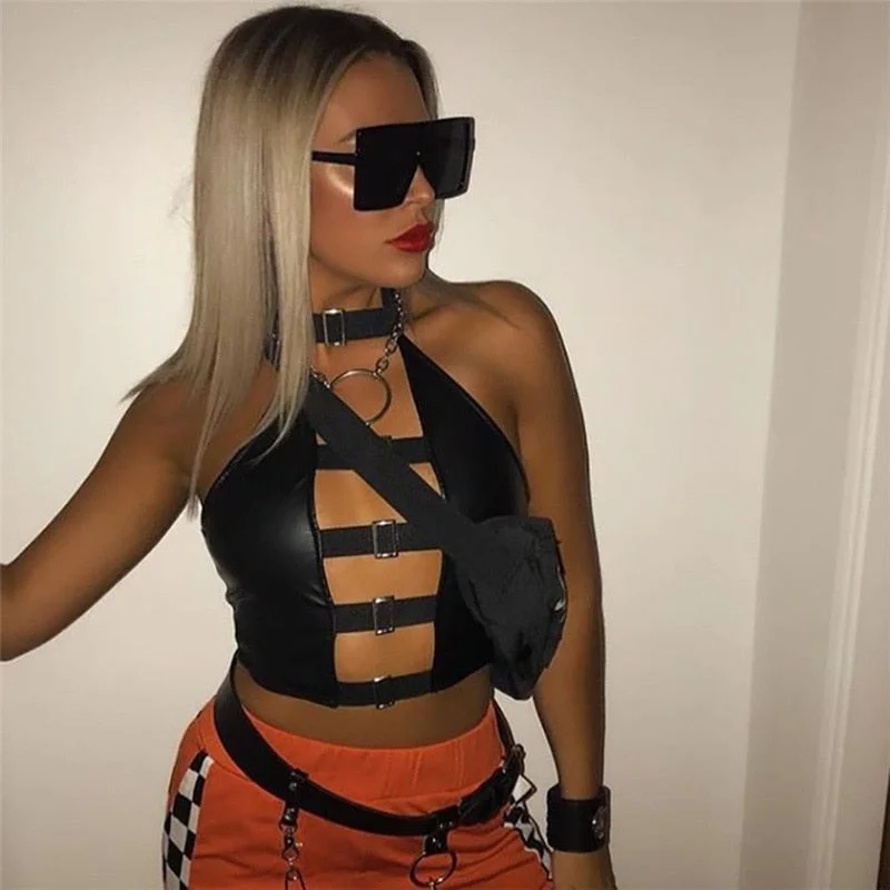 hirigin PU Leather Buckle Sexy Crop Top Women Club Wear Rave Outfit Festival Clothing Backless Halter Tank Tops Spring Summer