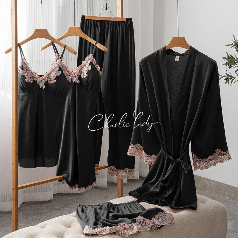 Female Pajamas Five Piece Set Spring Summer Satin Sleepwear Kimono Bathrobe Nightgown  Lace Trim Nightwear Loose Homewear