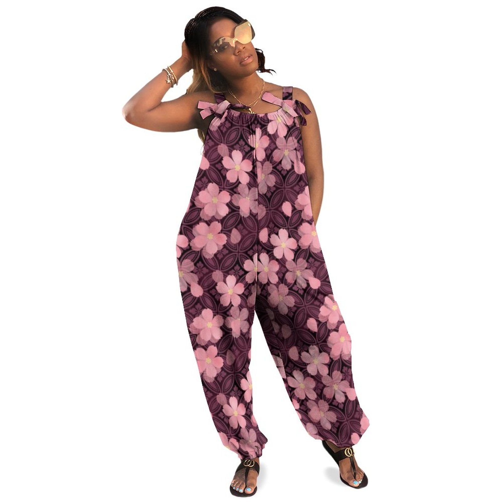 Cherry Blossom Flowers Women Plus Size Jumpsuit Summer Loose Harem Pants Casual Womens Romper Jumpsuit With Cardigan Long Length Polyester Spandex