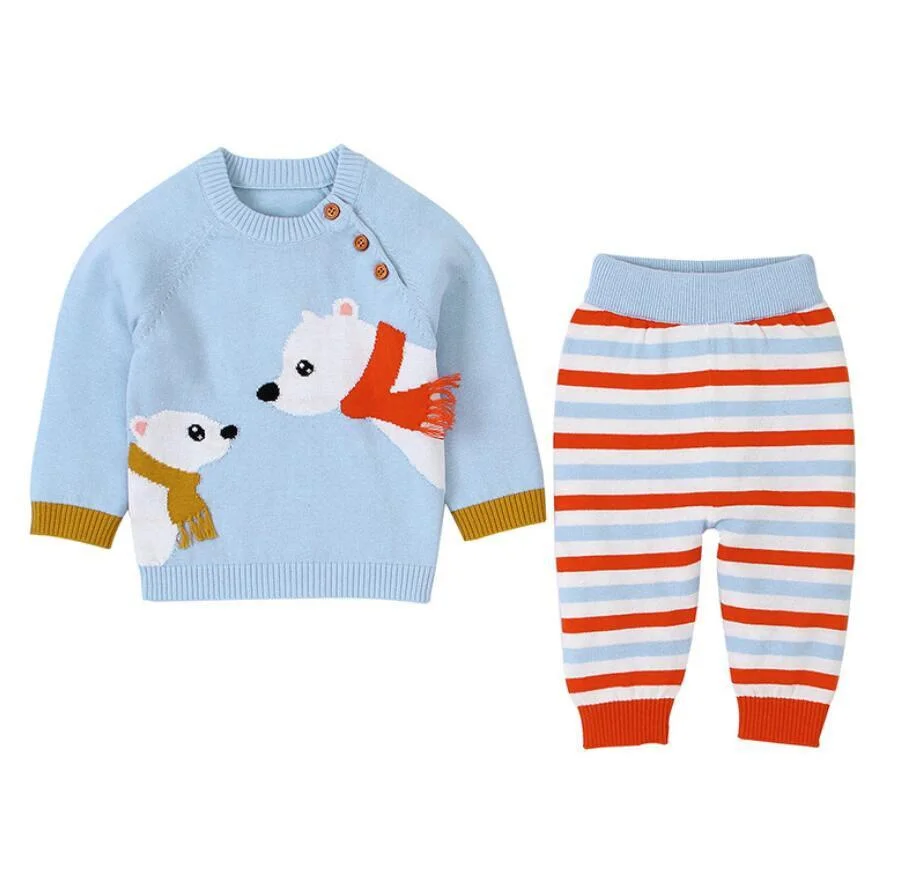 2020 Autumn Winter Baby Boys Girls Long Sleeves Stripe Knit Sweater Suits Kids Clothes Boys Girls Fox Clothing Sets