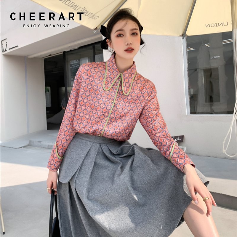 Zingj Neroli Peter Pan Collar Designer Shirt Women Long Sleeve Floral Top Green Edge Fashion Korean Blouse Spring 2021