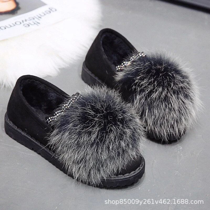 2020 Chic Pompon rabbit fur moccasins femme warm plush winter shoes women crystal pleated cotton flats woman comfy furry loafers