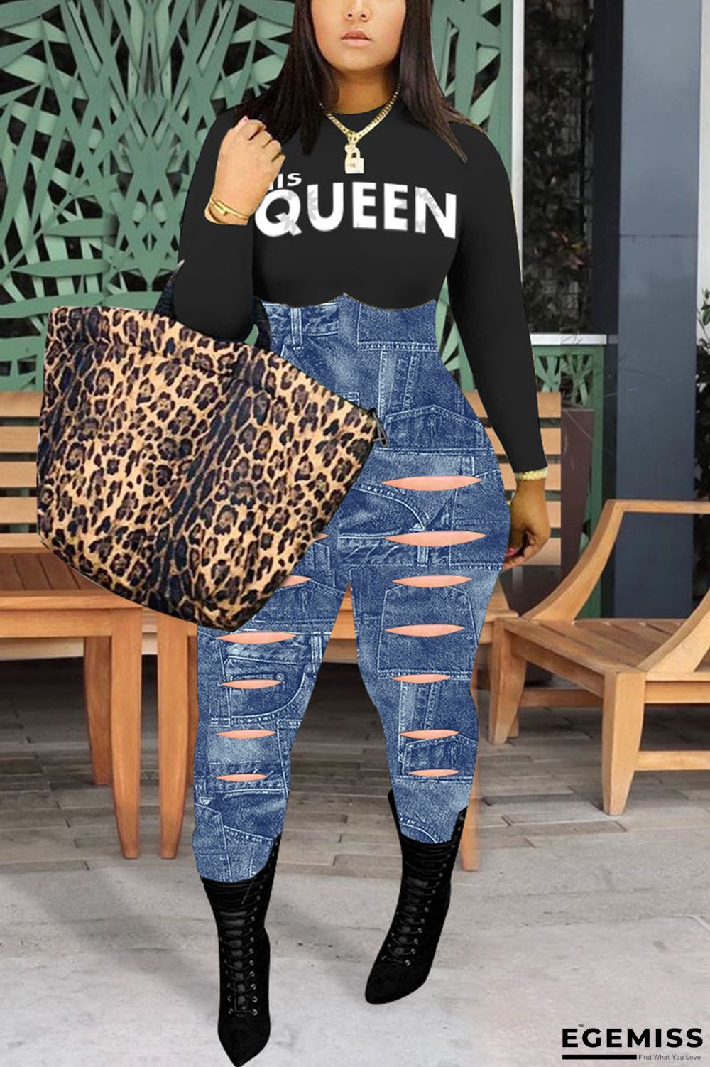 Black Casual Print O Neck Regular Jumpsuits | EGEMISS