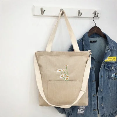 Women Shoulder Bag 2021 Cute Corduroy Tote Bag With Zipper Girl Fashion Shopper Handbags Embroidery Small Daisies Crossbody Bags