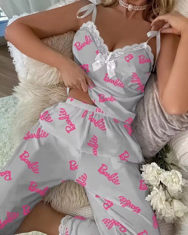 Brownm Summer New Sexy Sling Lace Pyjamas Women Summer Printing Leisure Can Wear Home Clothes Trousers Set