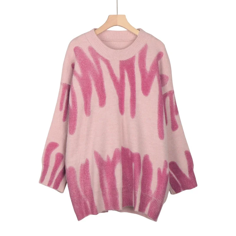 Print Knitted Sweater Women Elegant Green Striped Oversized Pullovers Women Winter Loose Long Sweaters Streetwear Sueter Mujer