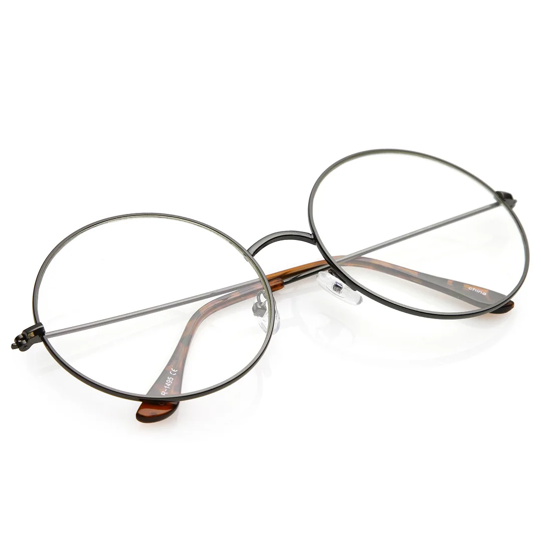 Classic Oversize Slim Metal Frame Clear Flat Lens Round Eyeglasses 56mm