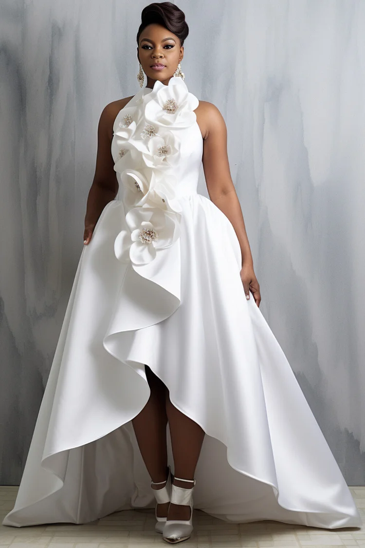 Xpluswear Design Plus Size Wedding White Halter Collar 3D Elegant High Low Hem Satin Maxi Dresses [Pre-Order] 2024 - Xpluswear