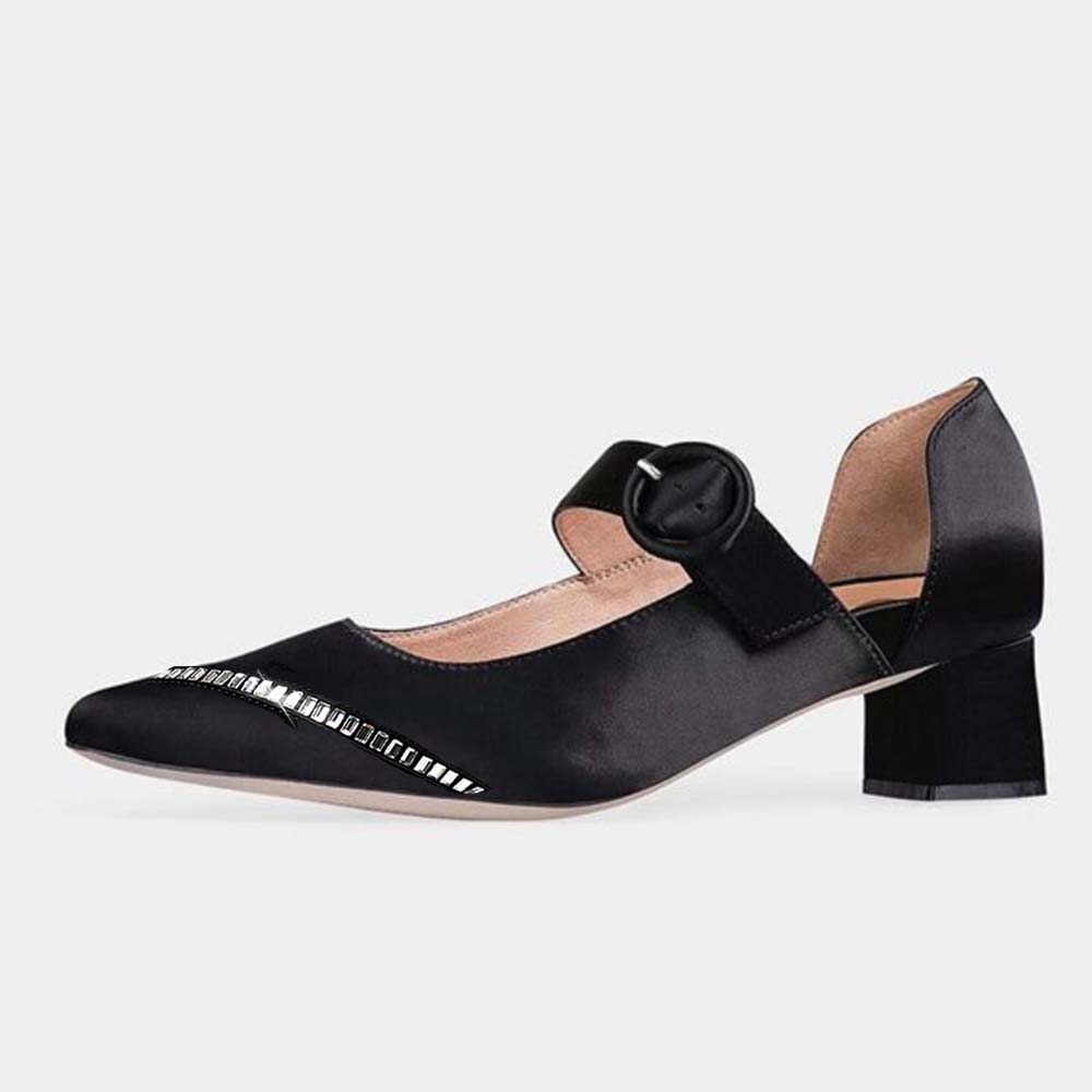 Black Pointed Toe Satin Pumps With Chain Decor Buckle Chunky Heels Nicepairs