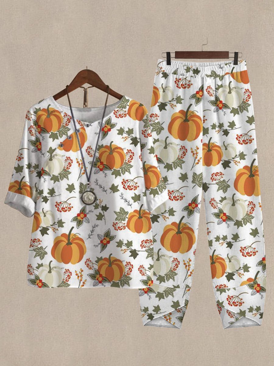 Halloween Pumpkin Print Loose Fit Casual Two Piece Suits