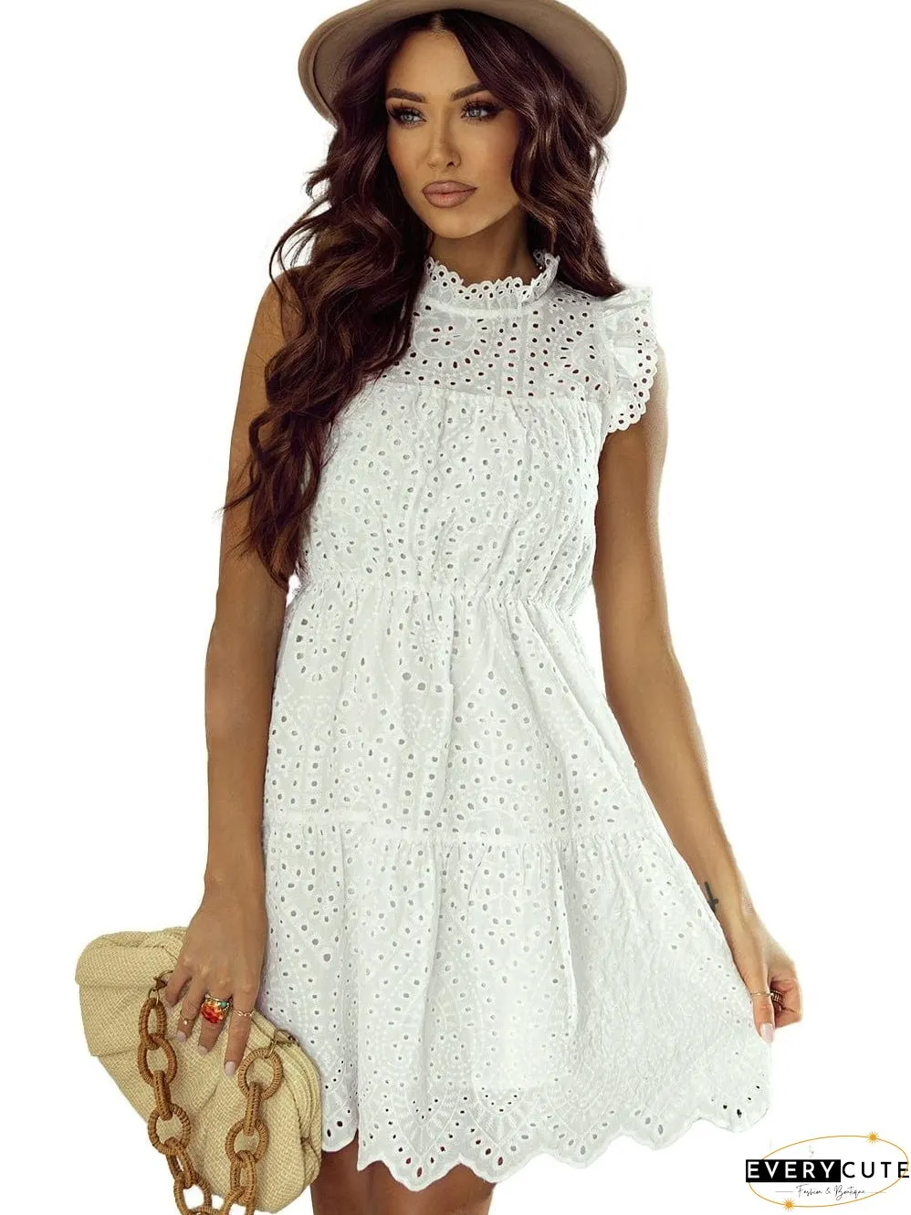 Elegant White Hollow Flutter Mini Dress