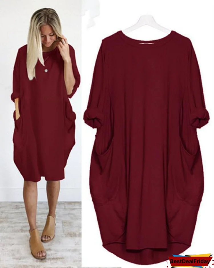 Womens  Plus Size Crew Neck Loose Long Sleeve Solid  Dress Tops