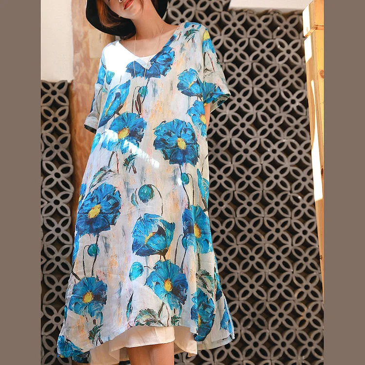 vintage blue white print linen maxi dress Loose fitting V neck linen gown fine half sleeve baggy dresses