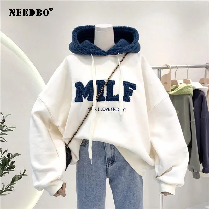 NEEDBO MILF Hoodies Women's Sweatshirts Letter Print Lamb Wool Pullovers Loose Korean Style Jacket Full Sleeve Casual Tops 2021