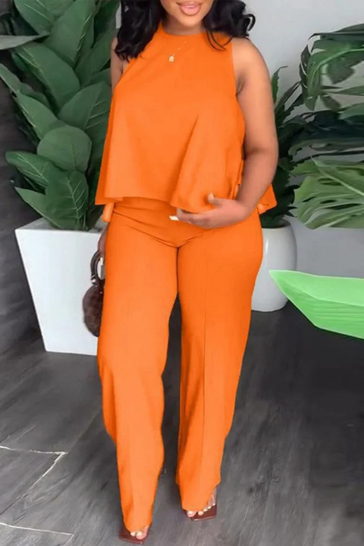 Xpluswear Plus Size Orange Casual O Neck Sleeveless Two Pieces Pant Sets 