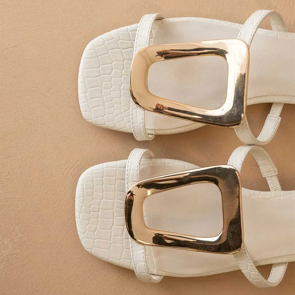 Square Toe Buckle Flat Embossed Slip On White Sandals for Women