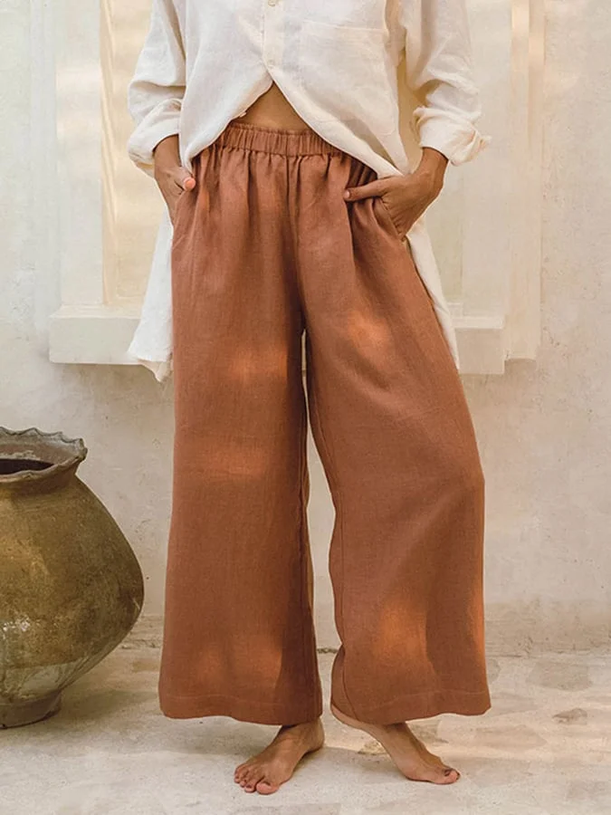 Solid Color Elastic Waist Loose Casual Pants