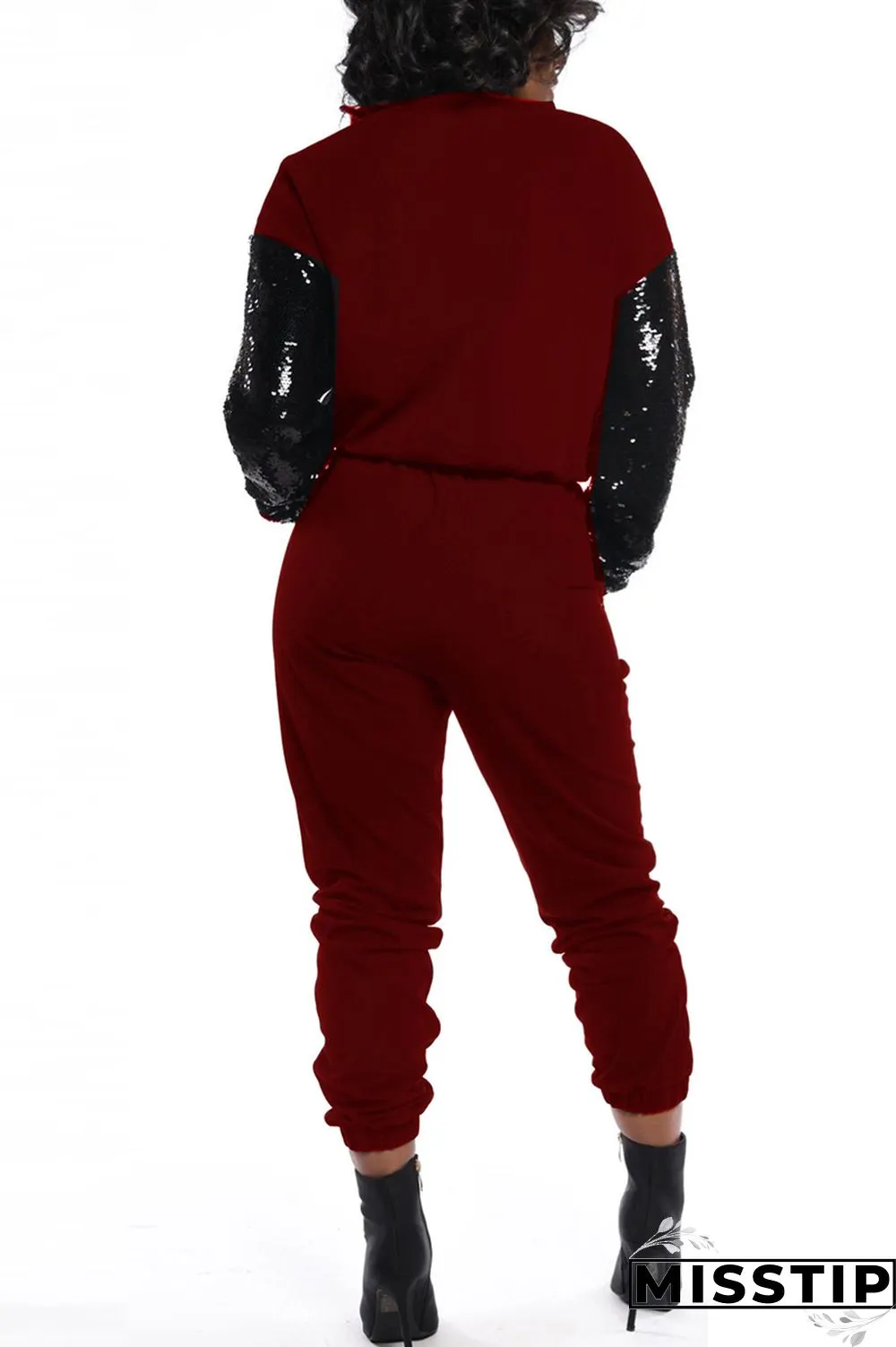 Wine Red Casual Fashion Color Matching Two-Piece Suit