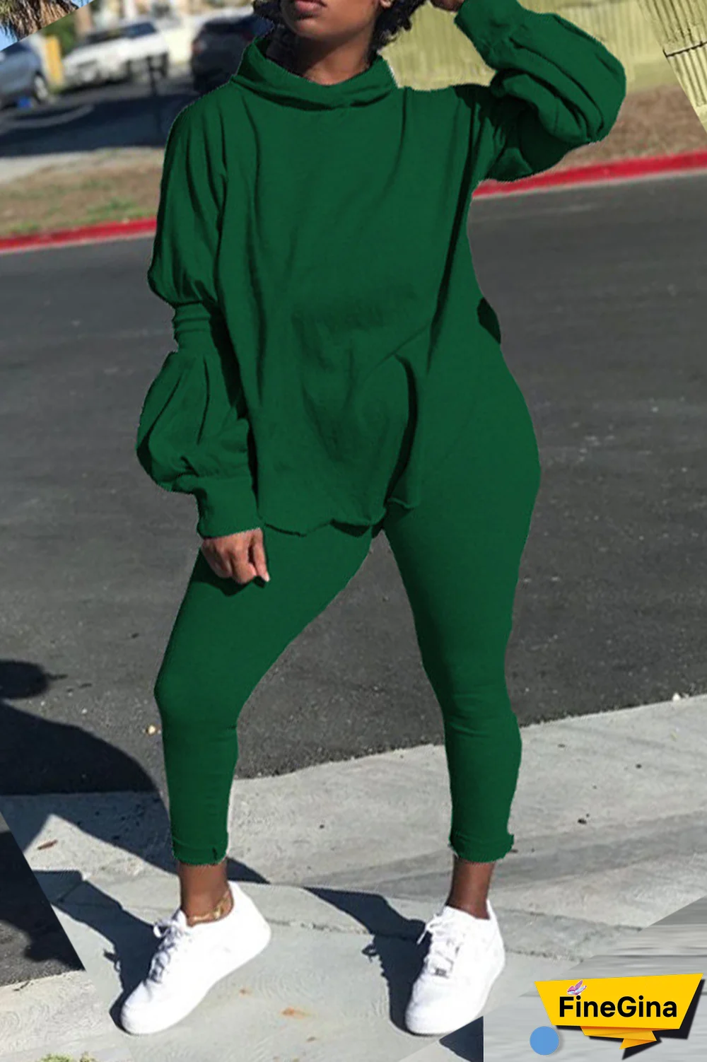 Pink Street Solid Patchwork Hooded Collar Long Sleeve Two Pieces