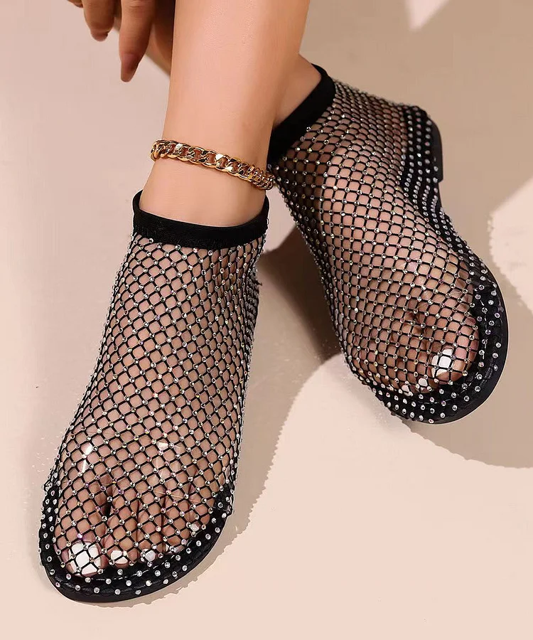 Black Hollow Out Zircon Flat Sandals Breathable Mesh 2024 New