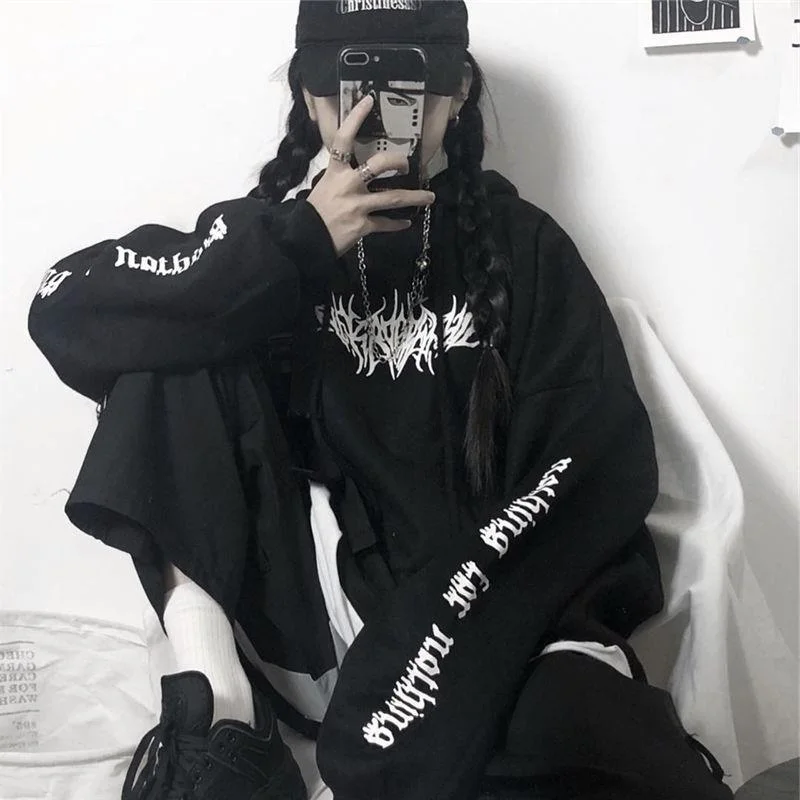 Women Loose Streetwear Black Sweatshirt Knitted Hooded Sexy Print Hoodies Fashion Pullovers Long Hoodie Women Tops Harajuku