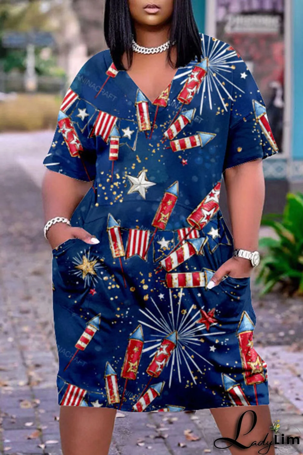 Deep Blue Casual Print Patchwork V Neck Dresses